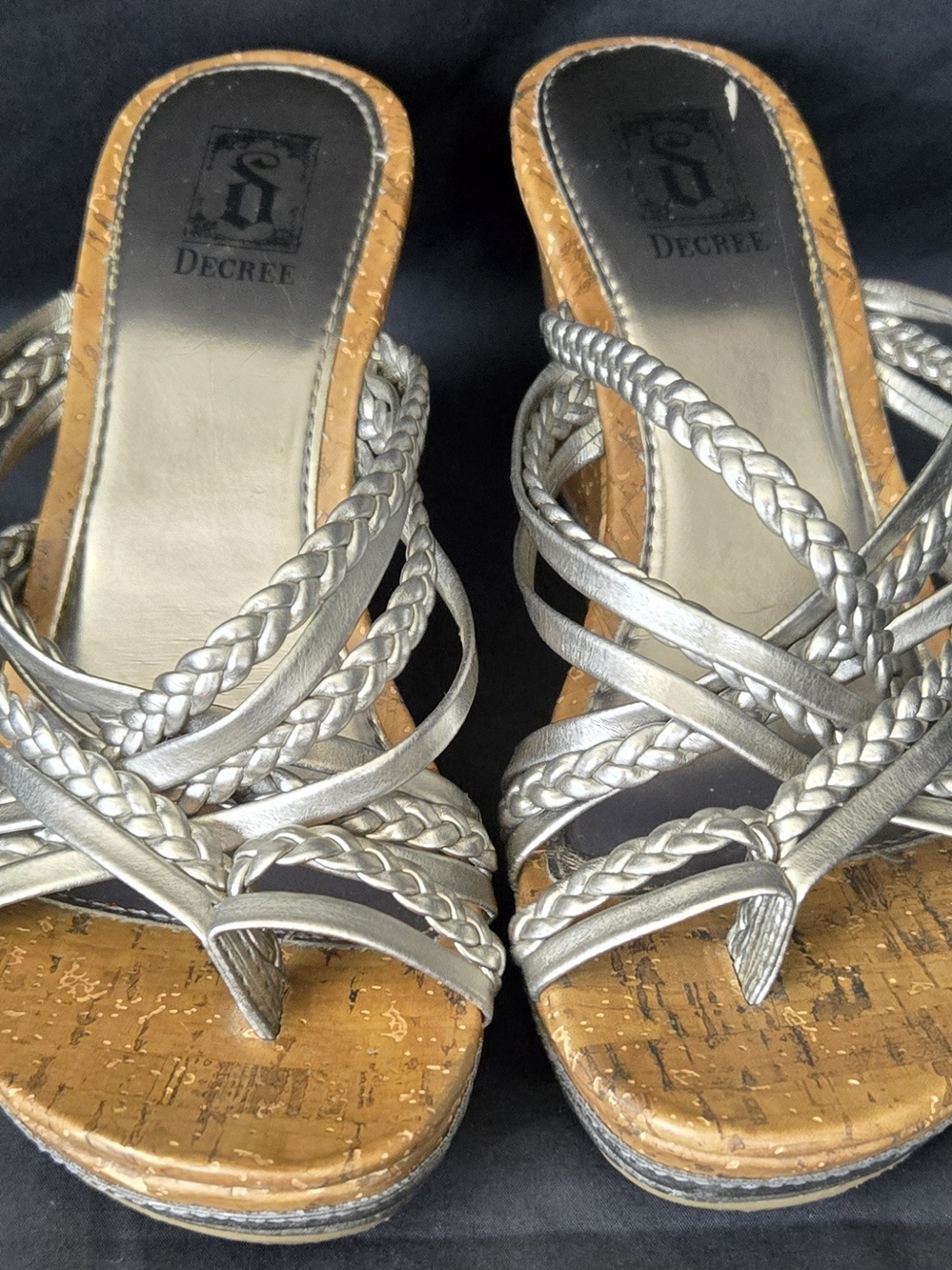Decree Metallic Silver Braided Cork Wedge Sandals - Women